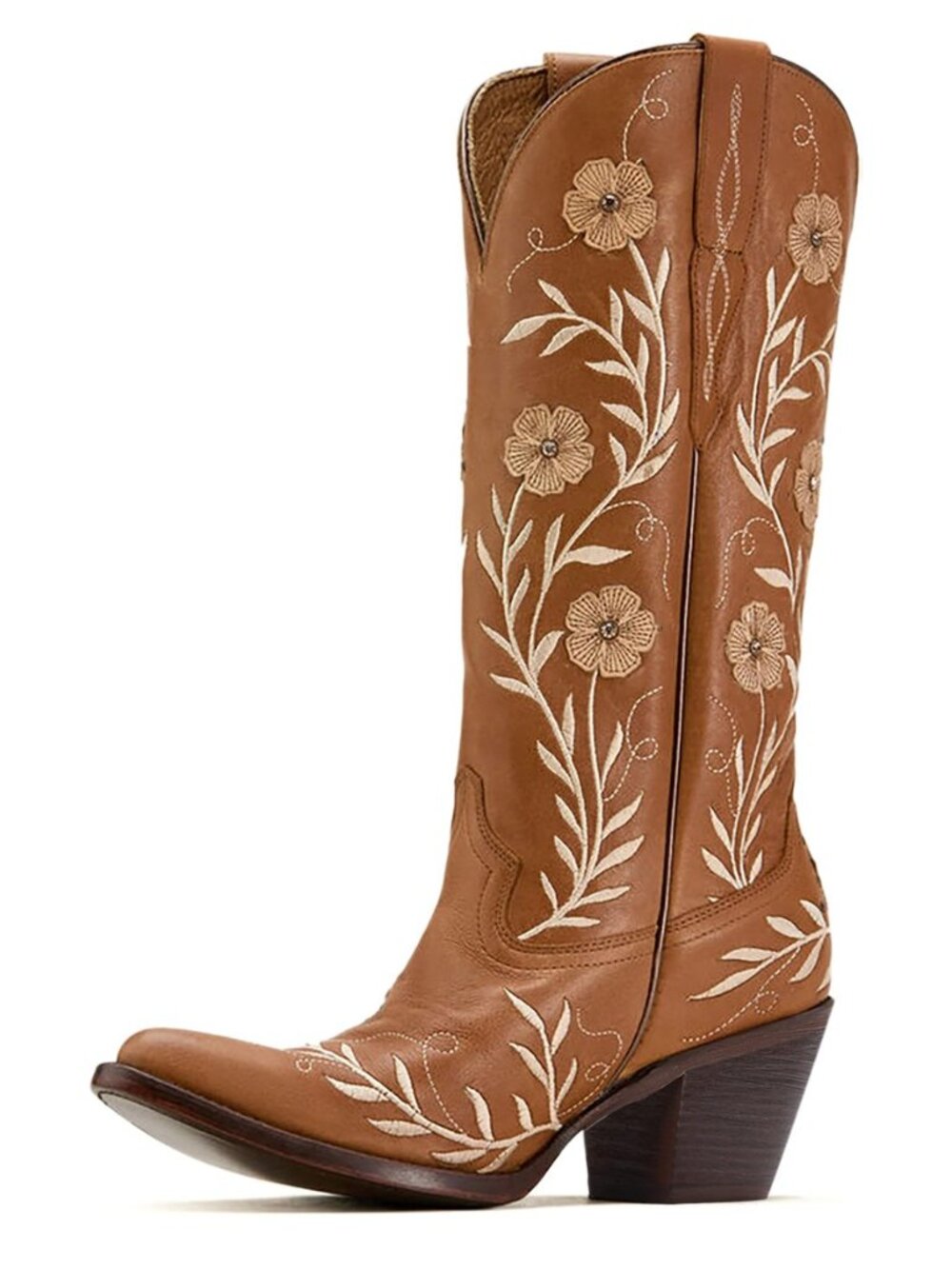 Womens Cowboy Boots Wide Calf Chunky Block Heel Pointed Toe Flower Embroidered